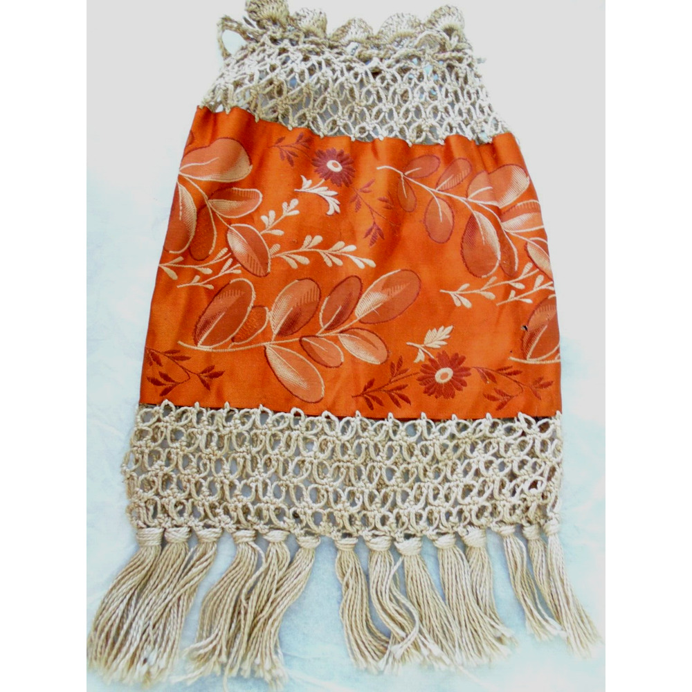 Vtg Art Deco Orange Taffeta Crochet Evening Bag Drawstring Fringed Novelty Purse - Picture 5 of 7
